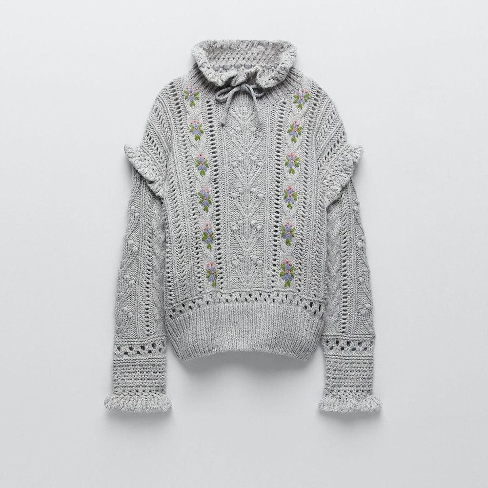 Zara Gray Sweater with Floral Details